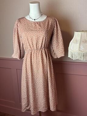 polka dot cottage boho midi puff sleeve dress  les amis dusty pink sz small